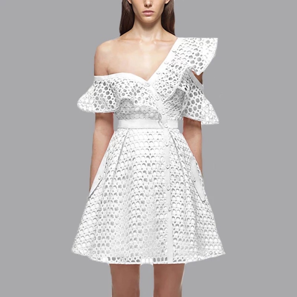 Self-Portrait Lace Frill Dress White